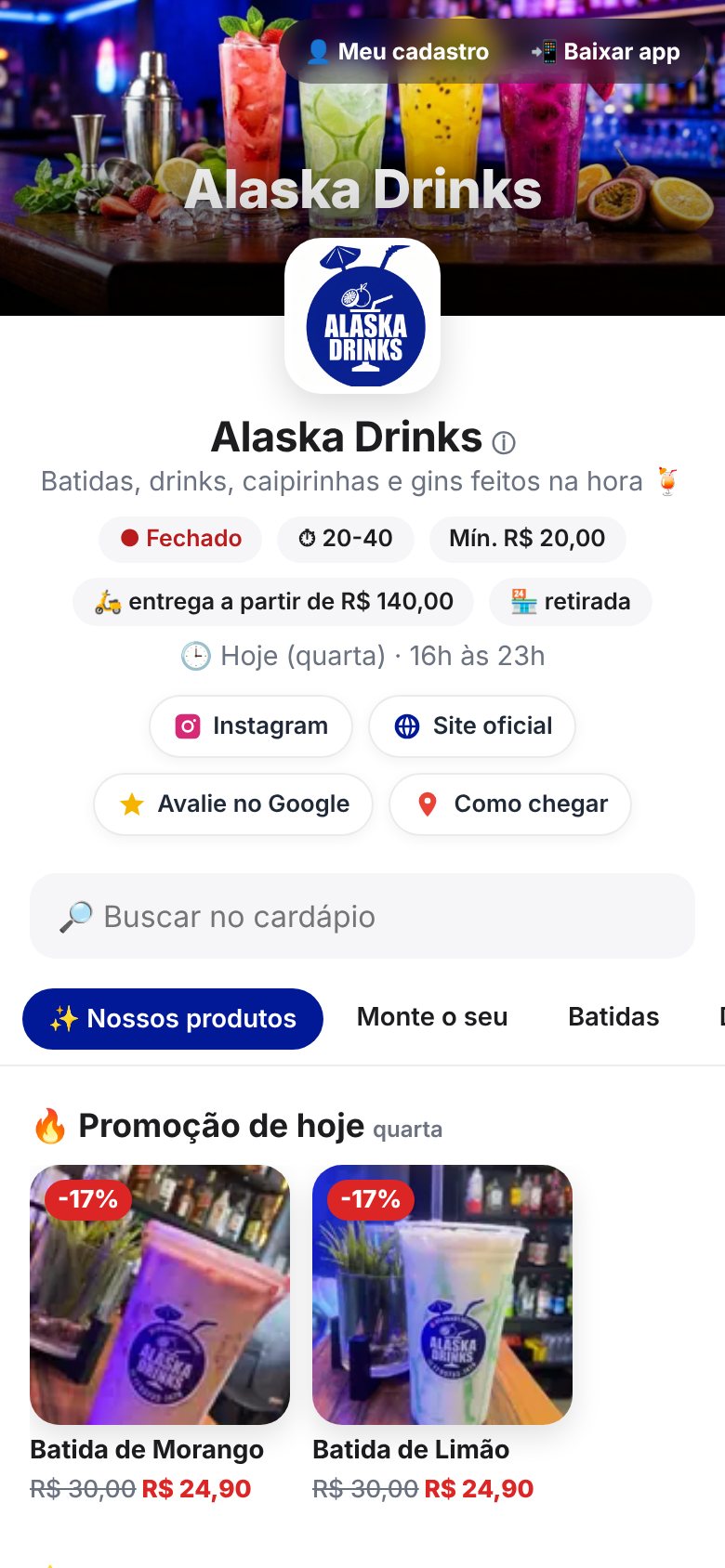 App de pedidos da Alaska Drinks aberto no celular