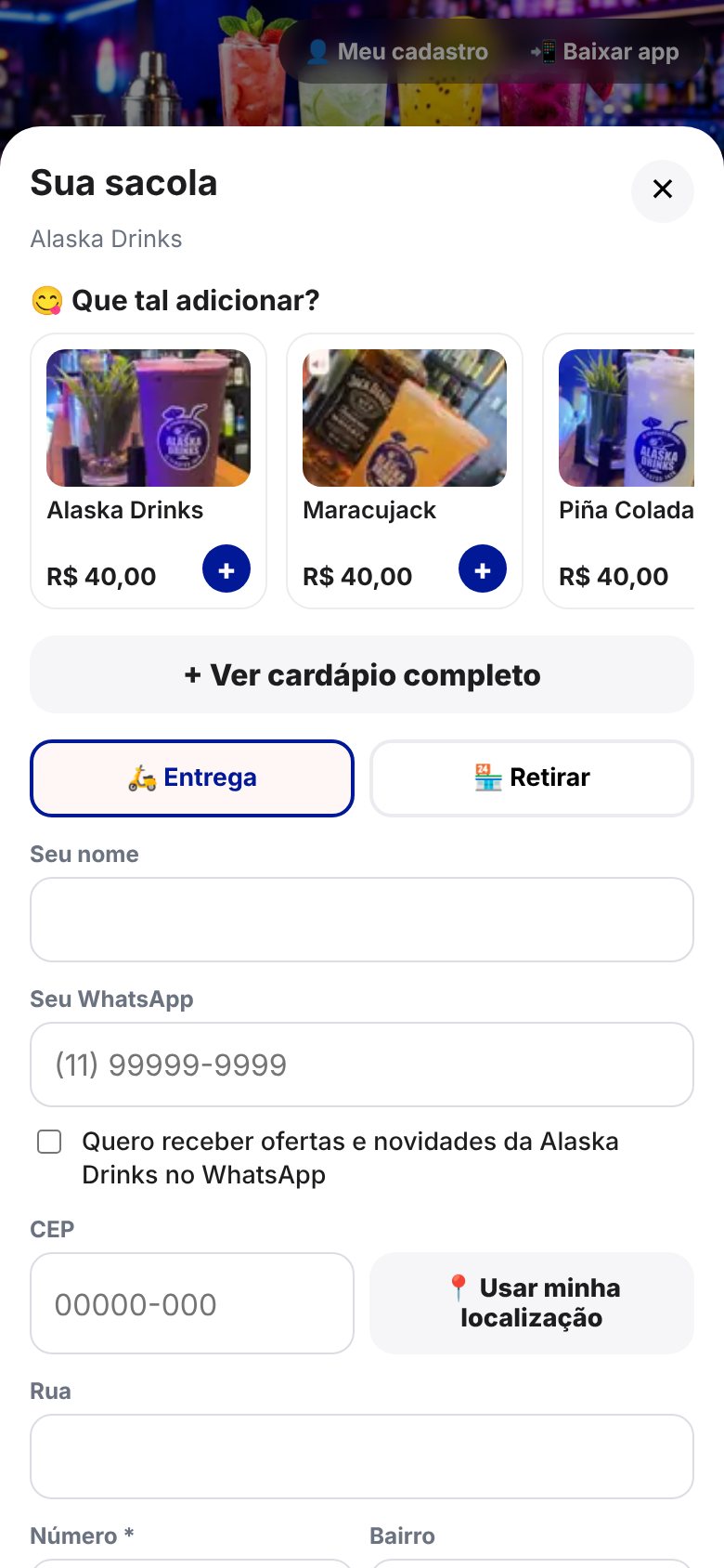 Sacola com entrega ou retirada