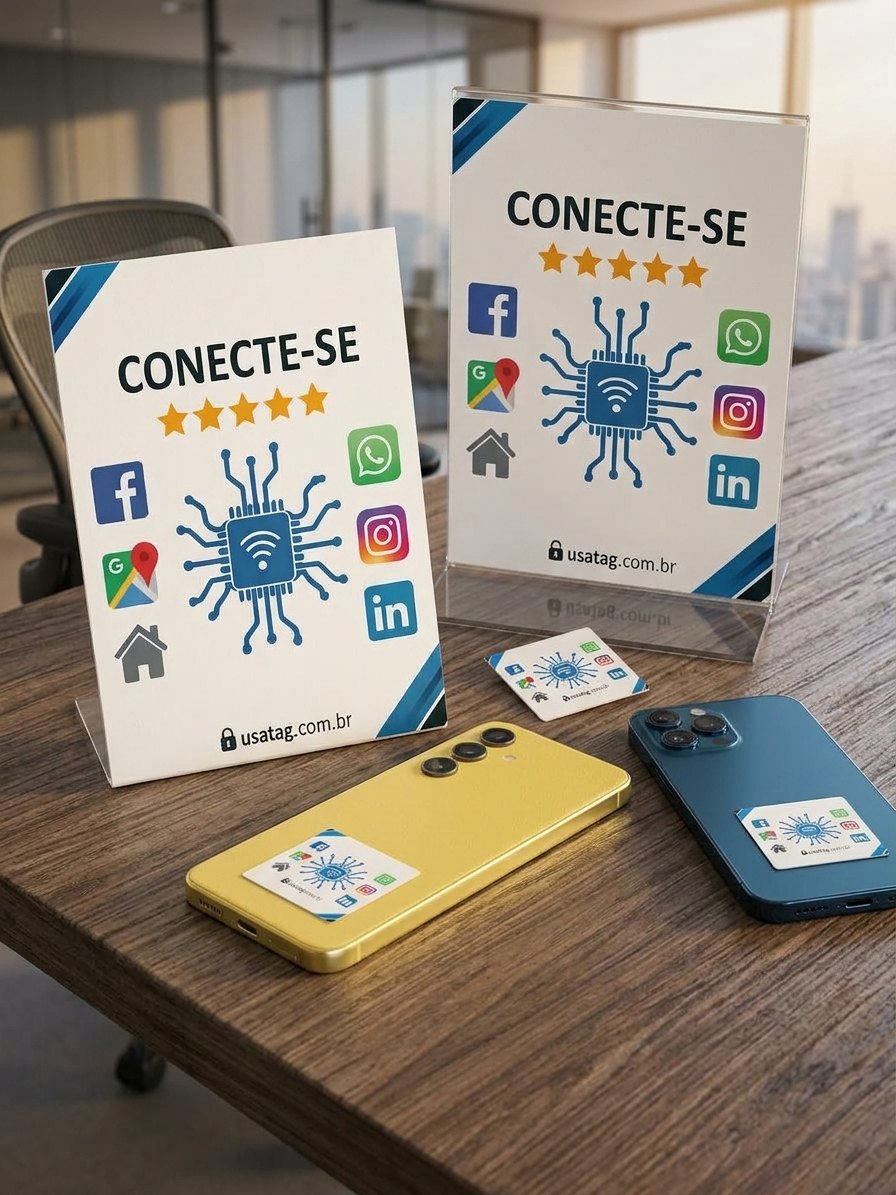 Displays CONECTE-SE da USATAG e tags inteligentes coladas em celulares
